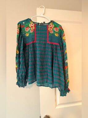 Blank NYC Teal Floral-Embroidered Long Sleeve Peasant Blouse